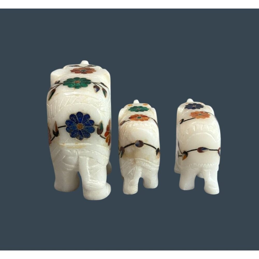 Marble Elephant Figurine Set With Floral Inlay Design - Picture 5 of 9